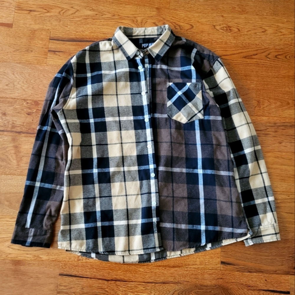 Pop Man Men's Plaid Button Down Size L
